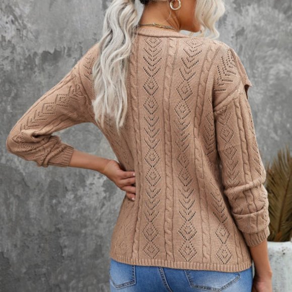 NWT SOFT!Khaki (more of a tan) Ruffled Buttoned Open Front Knitted Sweater - Picture 3 of 3